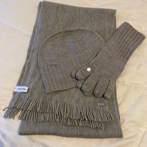 Calvin Klein gray scarf, hat and glove set